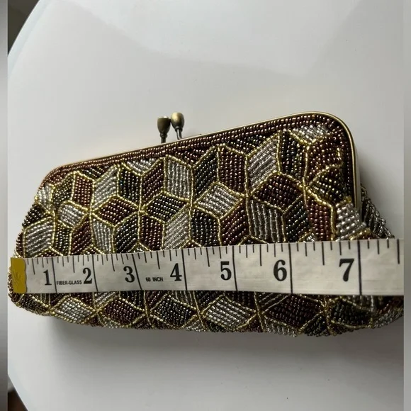 NWT MONI Couture Beaded Olive Green Amber Brown Formal Clutch With Bronze Accent - Picture 12 of 15